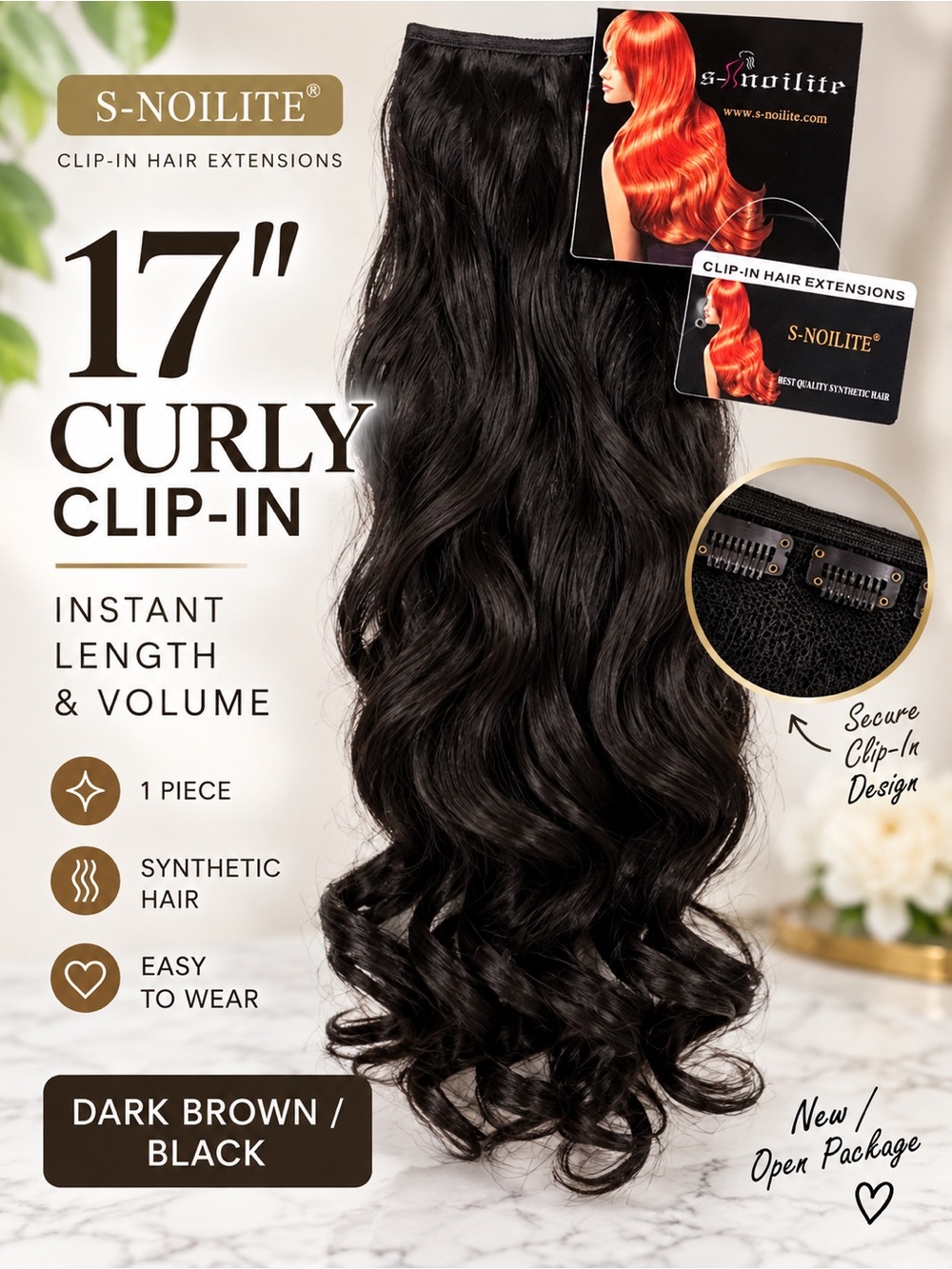 17” Curly Clip-In Hair Extension Dark Brown Black Synthetic 1 Piece